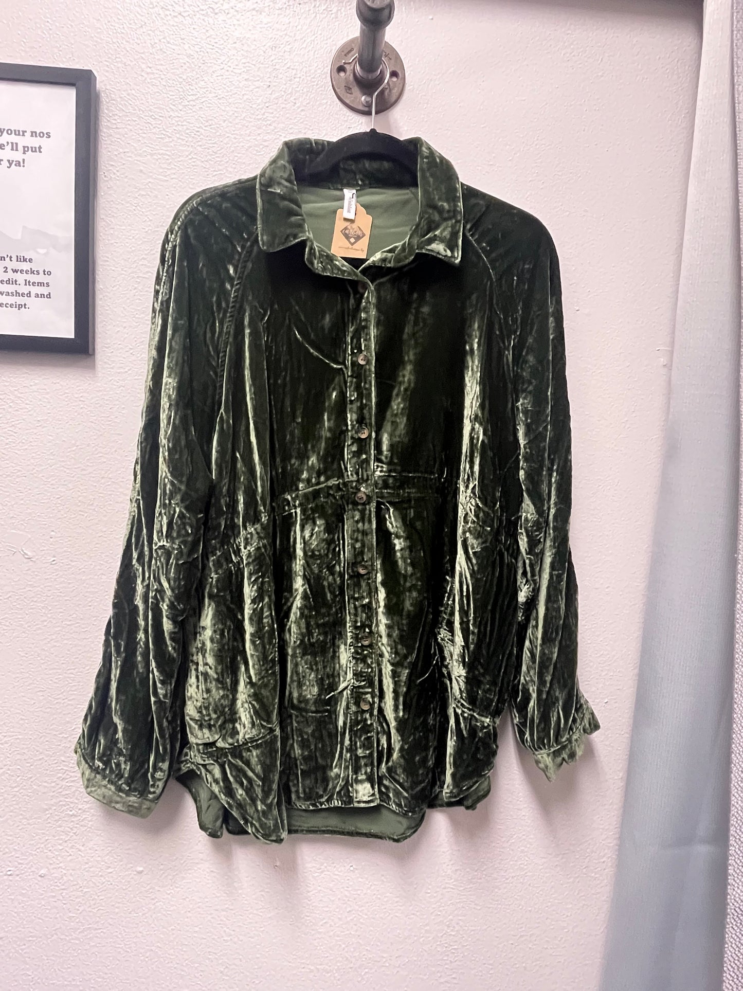 Olive Over Sized Crushed Velvet Shirt W/ Side Pockets