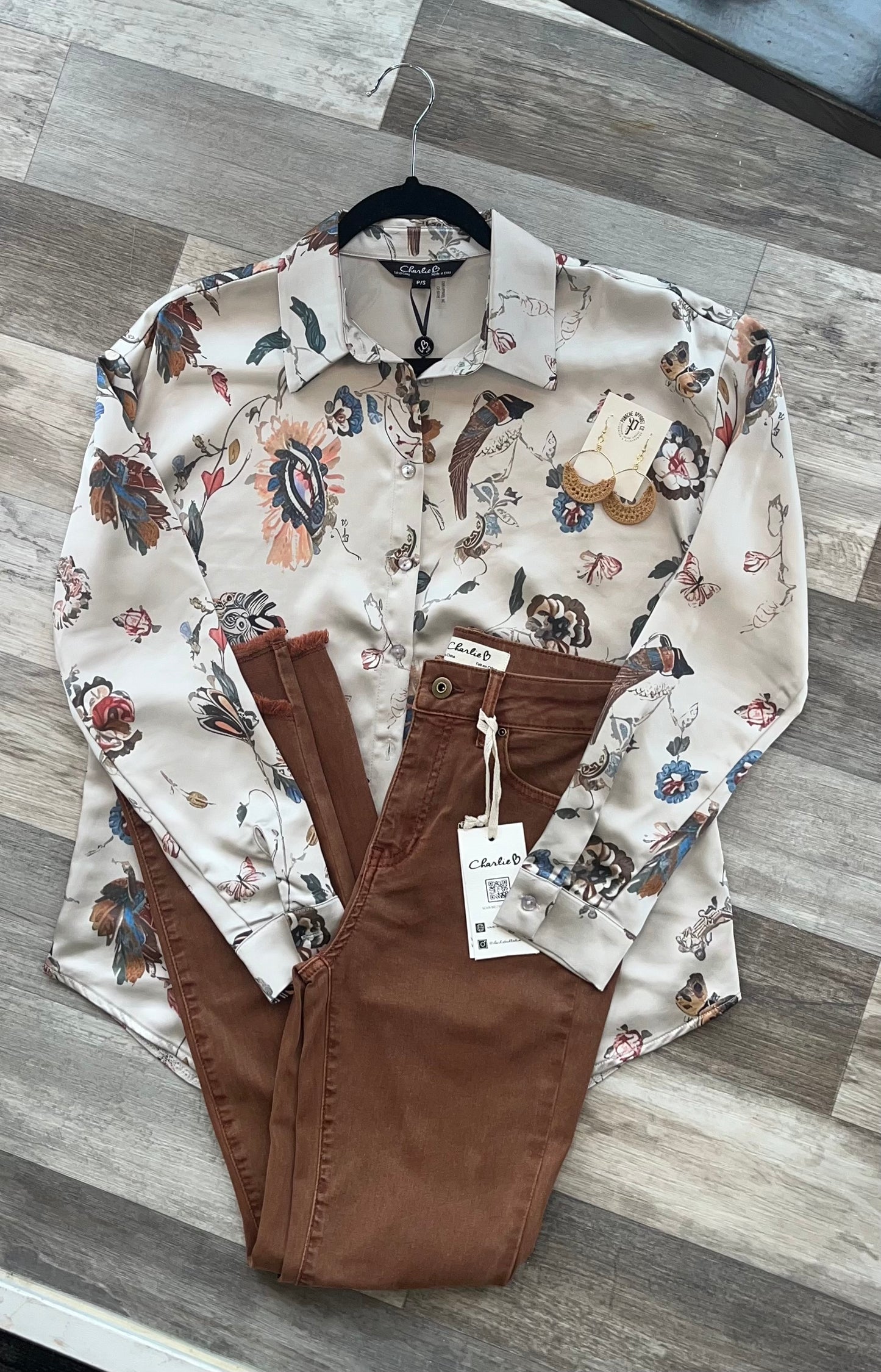 Charlie B Satin Floral Button Down Top