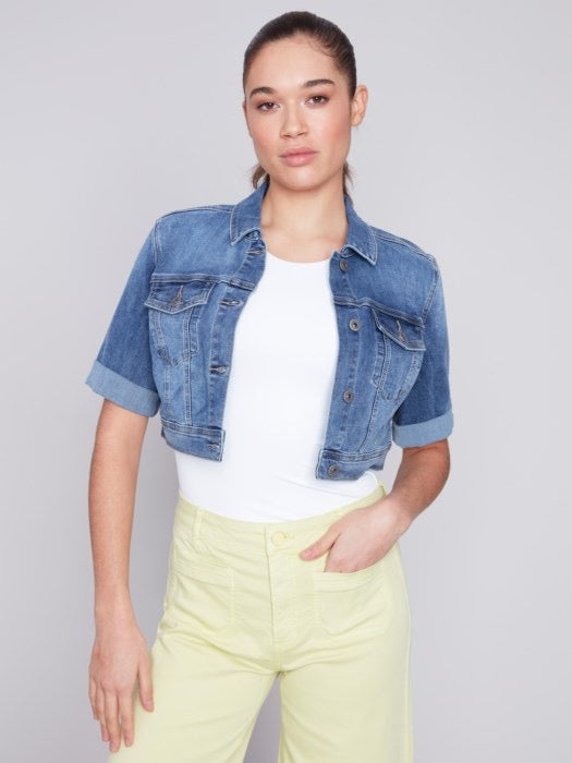 Cropped Denim Jacket W/ Short Sleeve