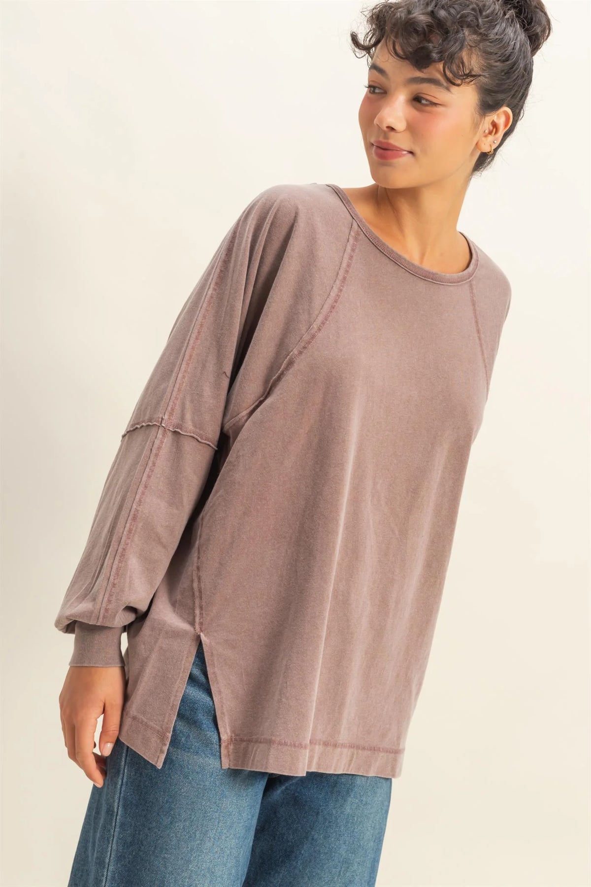 Vintage Wash Oversize Long Sleeve Top