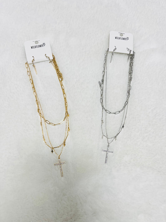 Layered Cross Necklace & Earrings