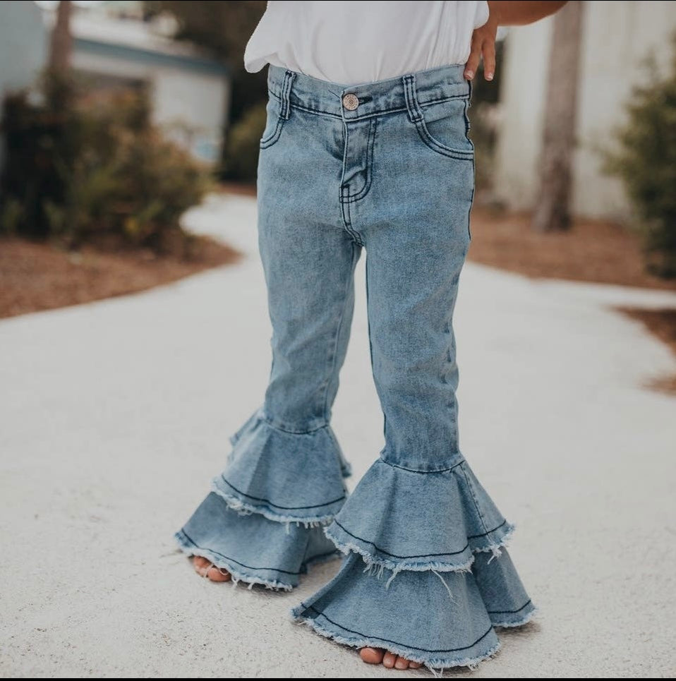 Kids Light Wash Denim Double Ruffle Jean