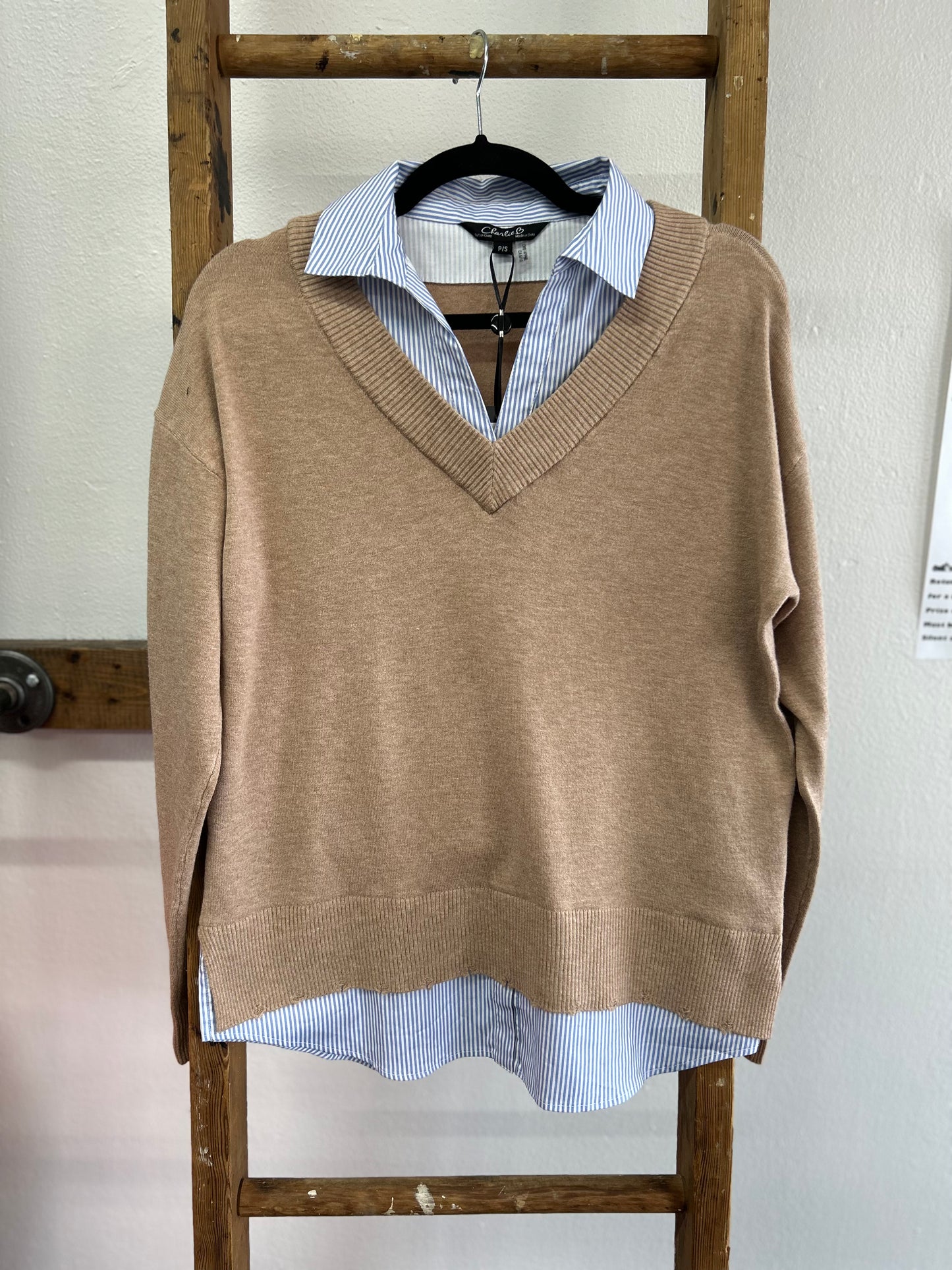 Charlie B V-Neck Sweater W/ Round Shirt Collar