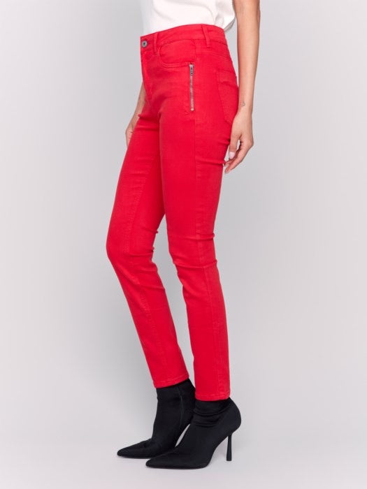 Charlie B Red Skinny Pants W/ Zipper Accent