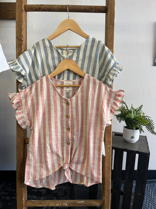 Girls ruffle sleeved striped shirt