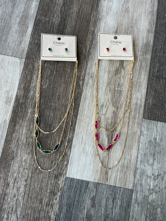 Gold Double Layer Accent Colored Necklace & Earrings