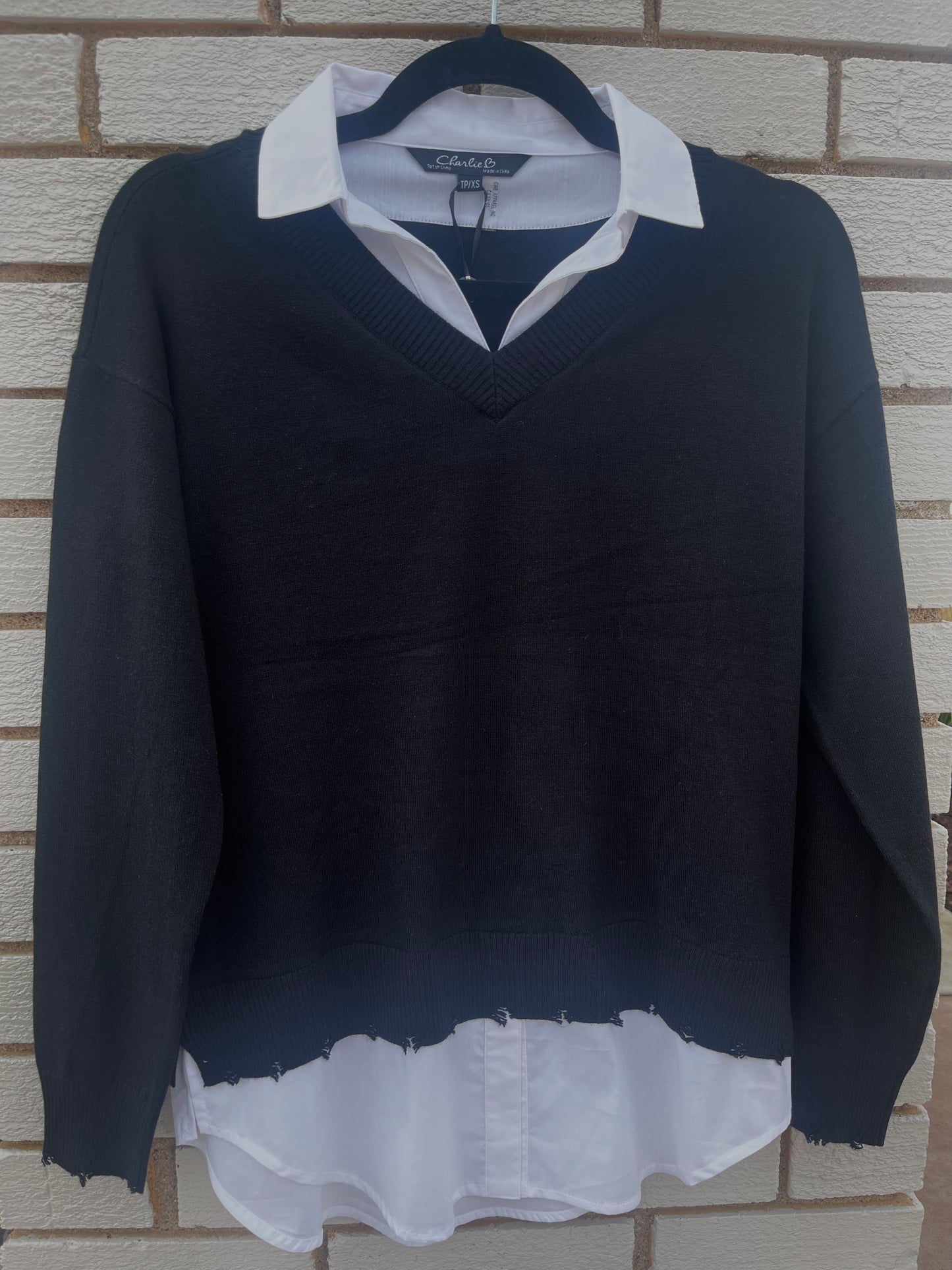 Charlie B V Neck Fooler Sweater W/ Poplin Shirt Collar & Hem